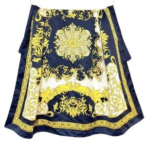 Vintage Baroque Fashion Statement Scarf 100% Silk Navy Blue Gold Square 34 x 34”